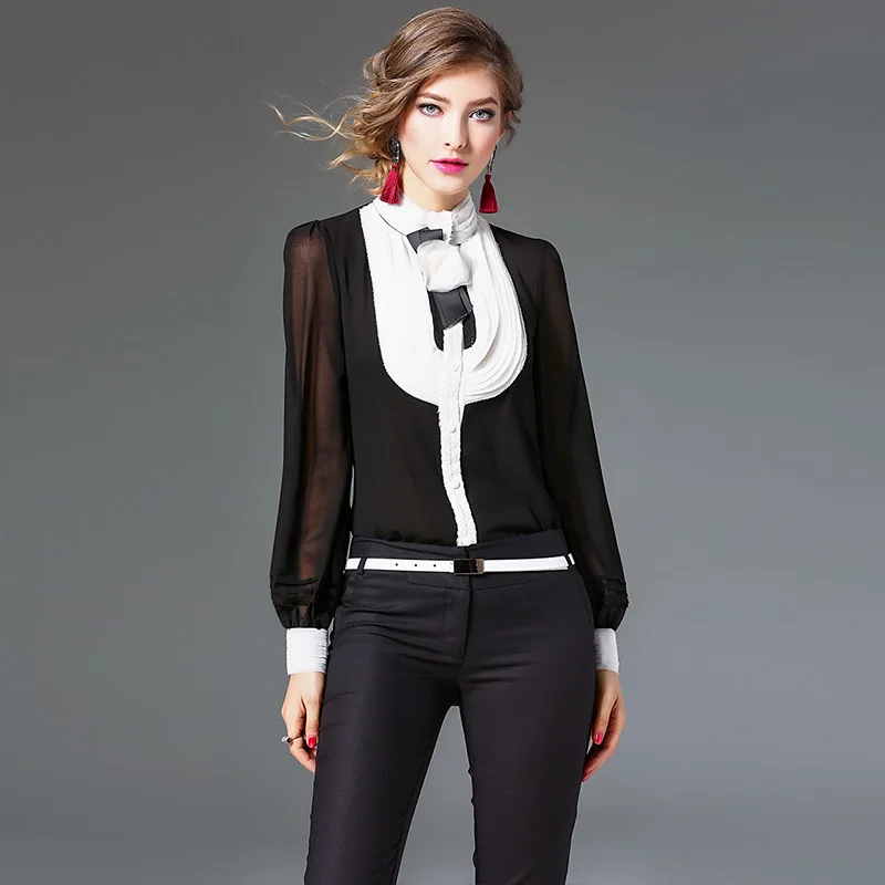 2017 новинка Женская шелковая атласная блузка рубашка Повседневная с длинным