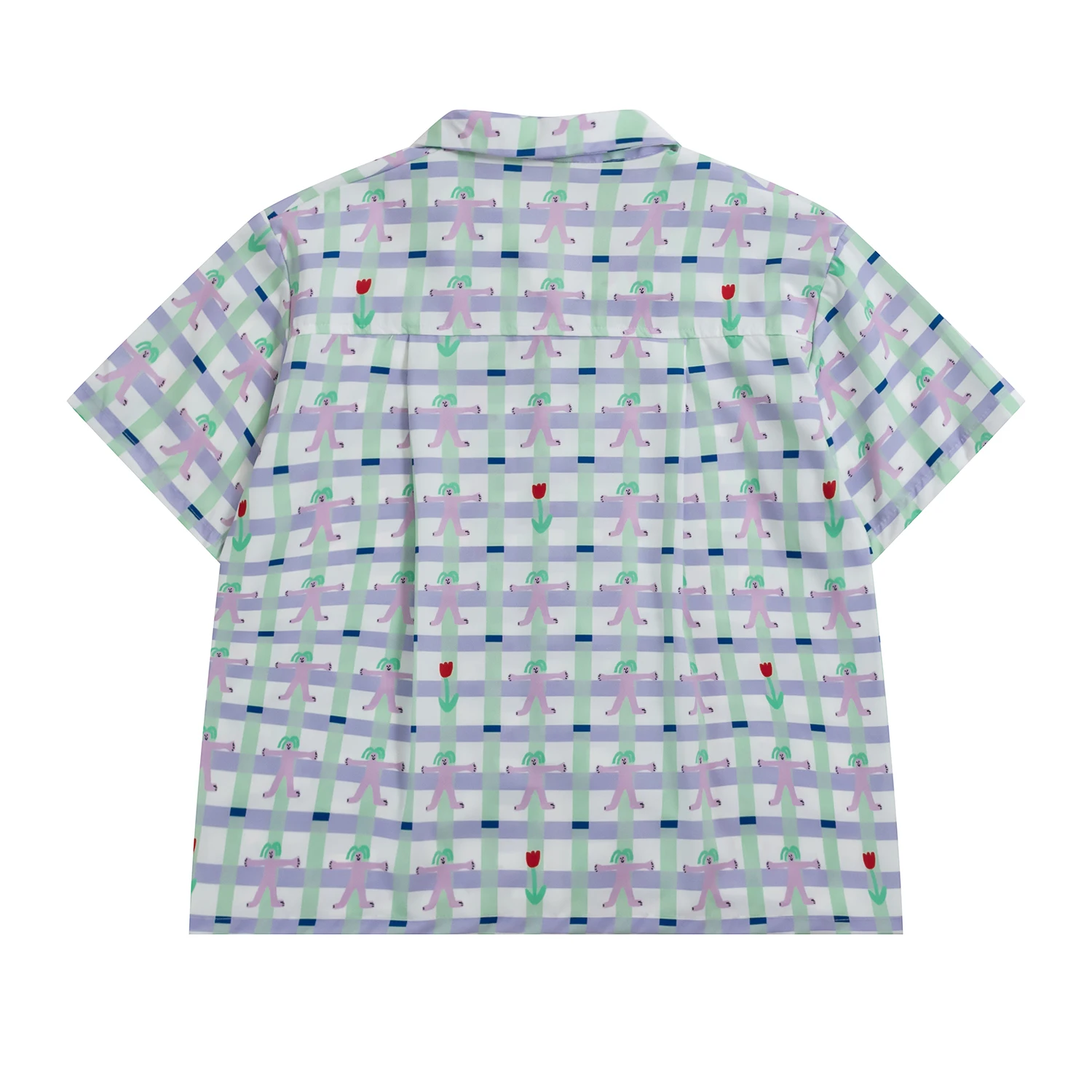 Summer New Design Women Chiffon Blouses Peckets Short Sleeve Ladies Purple Plaid Print Cartoon Shirt Tops |
