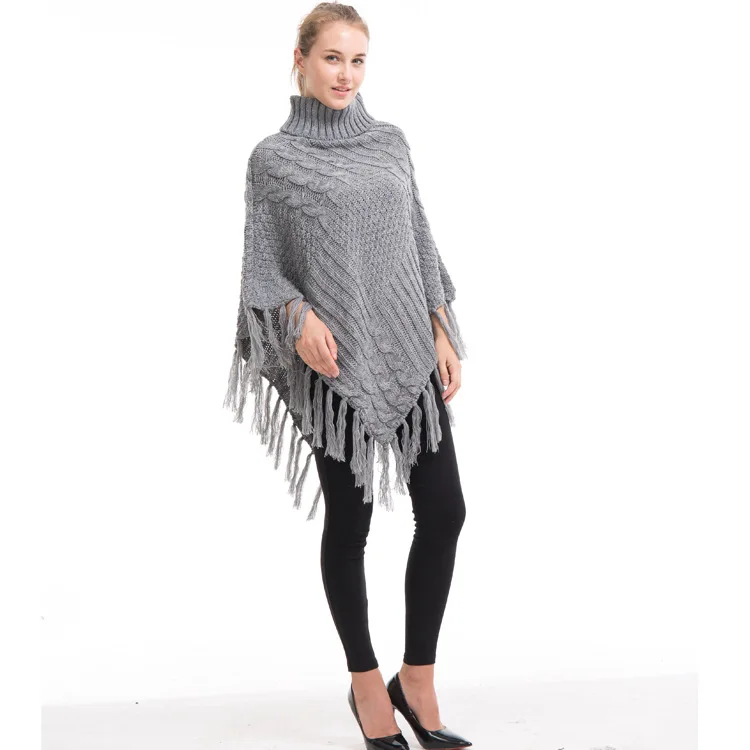 Осенне зимнее пончо стильные вязаные свитера с высоким воротником Женский