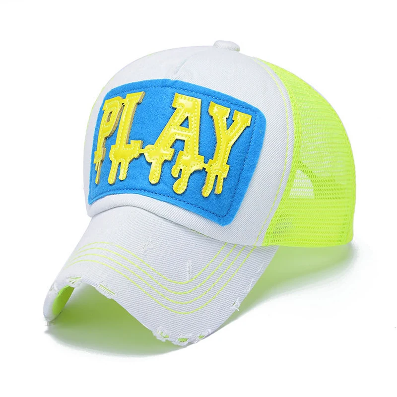 

Men Women Summer Mesh Baseball Cap Climbing Net Cap Unisex Outdoor Sports Hat Embroidery PLAY Sunhat Distress Denim Trucker Cap