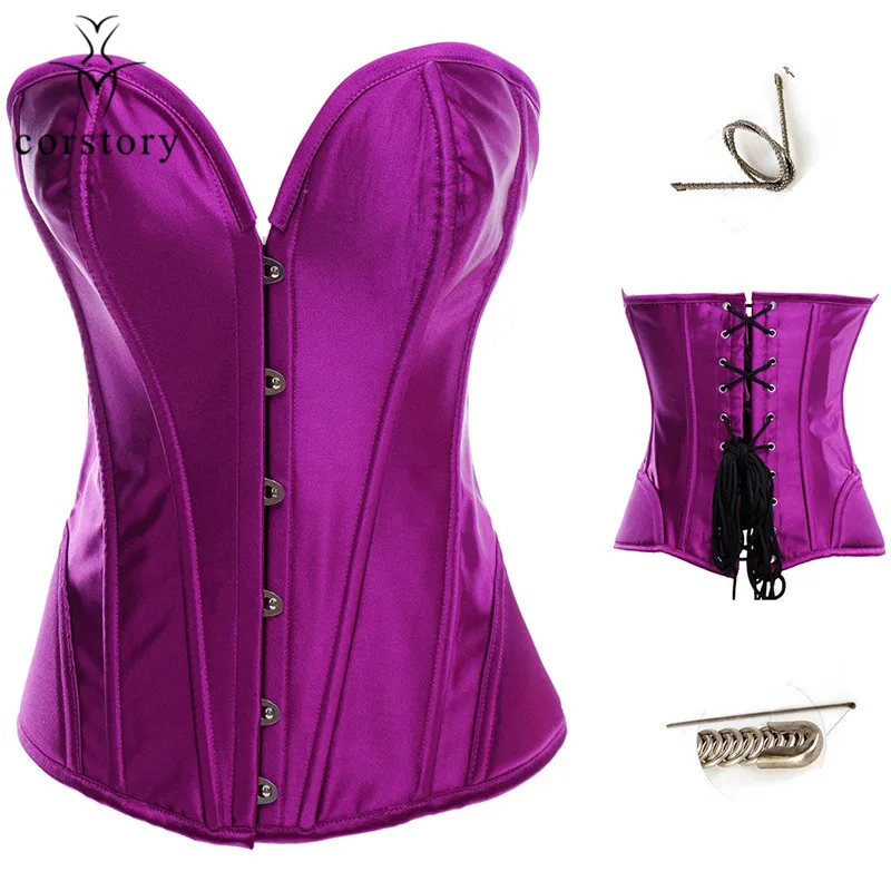 

Corstory Purple Satin Overbust Corsets And Bustiers With Front Steel Busk Closure & Back Shoelace Lacing Up For Slimming Shape