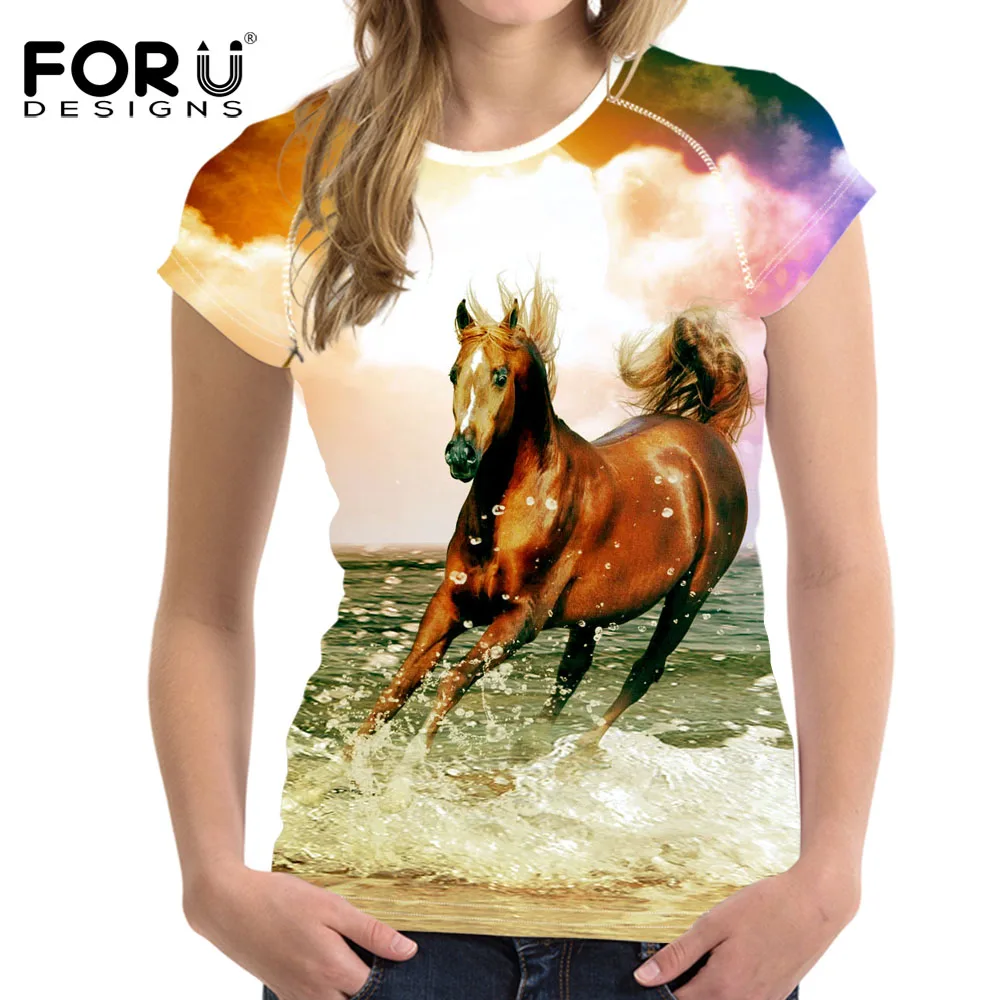 FORUDESIGNS/3D Crazy Horse для женщин на каждый день Новинка Футболка Рубашки девочек Летняя