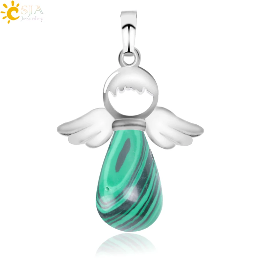 Malachite CSJA, натуральные камни, ангелы, крылья, подвеска для ожерелья, розовый кварц, Ониксовые подвески, серебряный цвет, капля воды, Женские Ювелирные изделия, подарок E949 - Окраска металла: Malachite