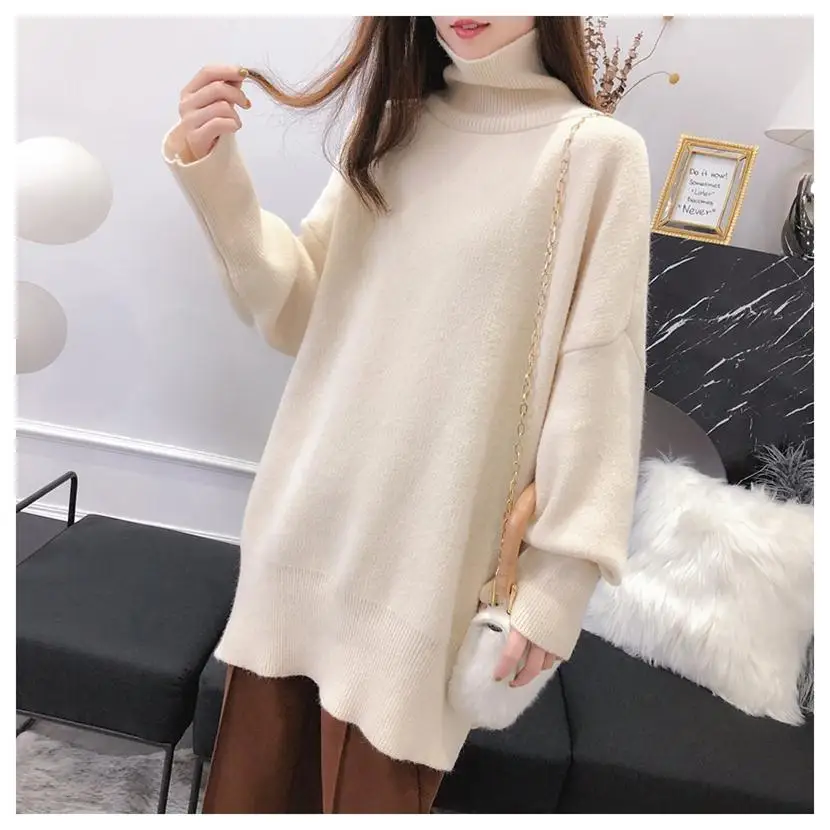 HF18305 Beige H. SA, Женский Зимний пуловер с высоким воротом и свитера, яркие цвета, свободные Джемперы, теплые толстые рождественские свитера, roupas feminina - Цвет: HF18305 Beige