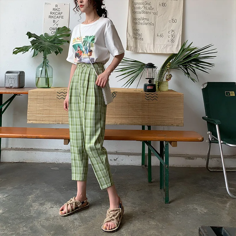 Желтая зеленая летняя с высокой талией клетчатый карандаш брюки 2019 модные