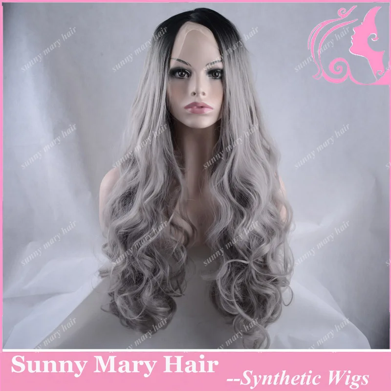 Мода ломбер серебристо серый Bodywave синтетический фронта парик Glueless длинные