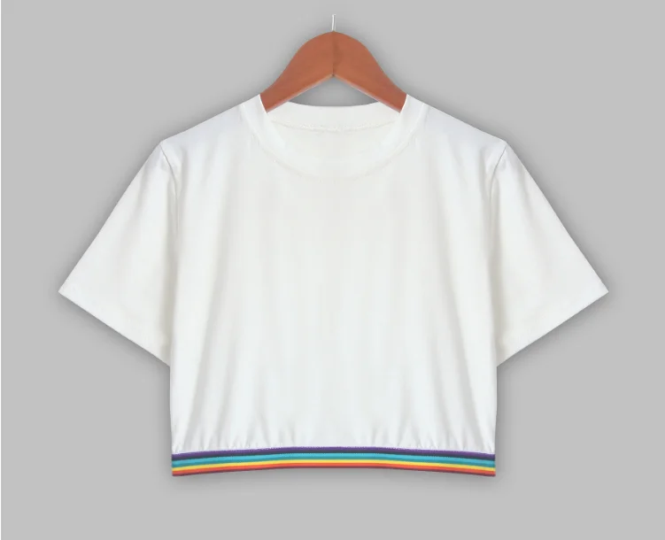 2018 новая футболка короткий отрезок открытым пупком Радуга Тонкий Круглый
