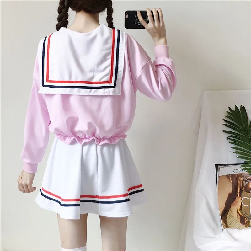 Japanese Harajuku Sweet And Lovely Two-piece Spring Navy Sailor Suit Jacket + High Waist A-line Skirt |