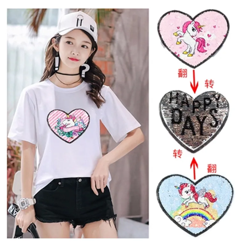 

Heart-Shaped Animal Cartoon Reversible Change Color Sequins Sew On Patches Boy Girl T Shirt Coat embroidery reverse appliqued