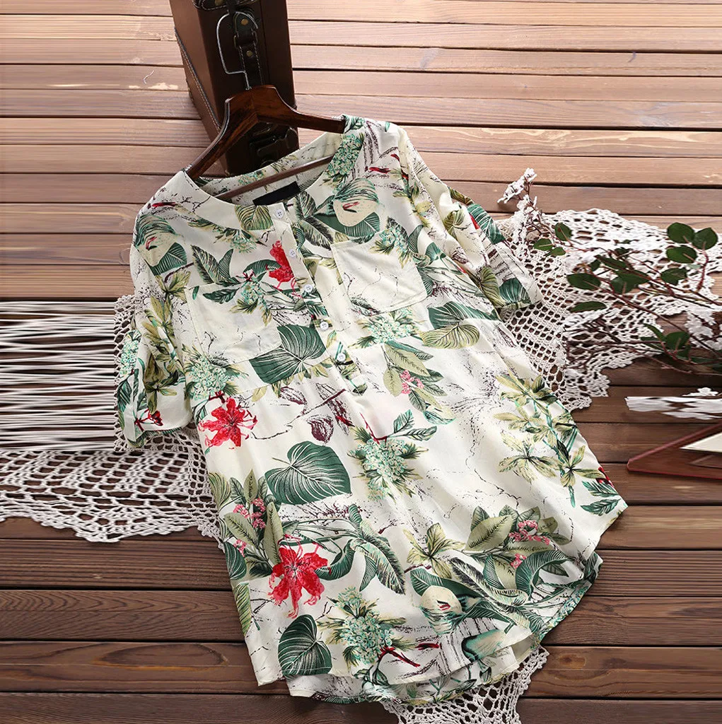 Женская летняя повседневная футболка с цветочным принтом модная льняная