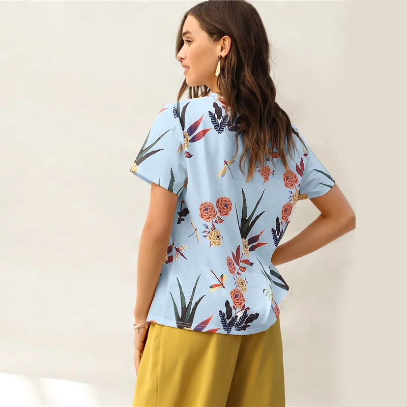 SHEIN Цветочная Футболка С Графическим Принтом Женский Летний Повседневный Топ С Короткими Рукавами И Круглым Вырезом