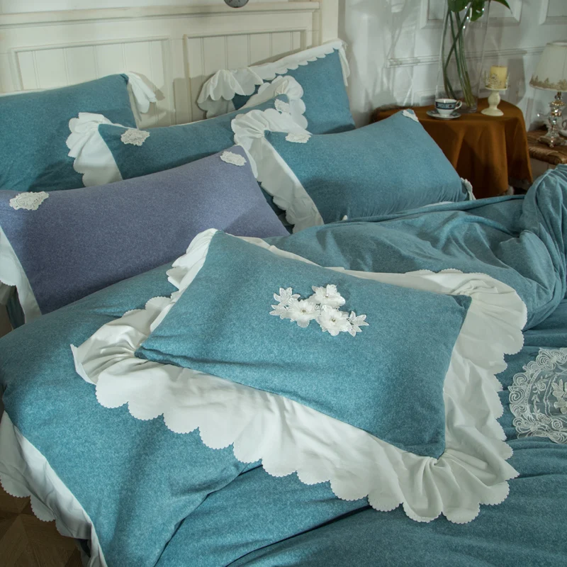 4Pcs Cotton wool hand-made lace Princess style luxury bedding sets queen king size duvet cover set pillowcase bedclothes | Дом и сад