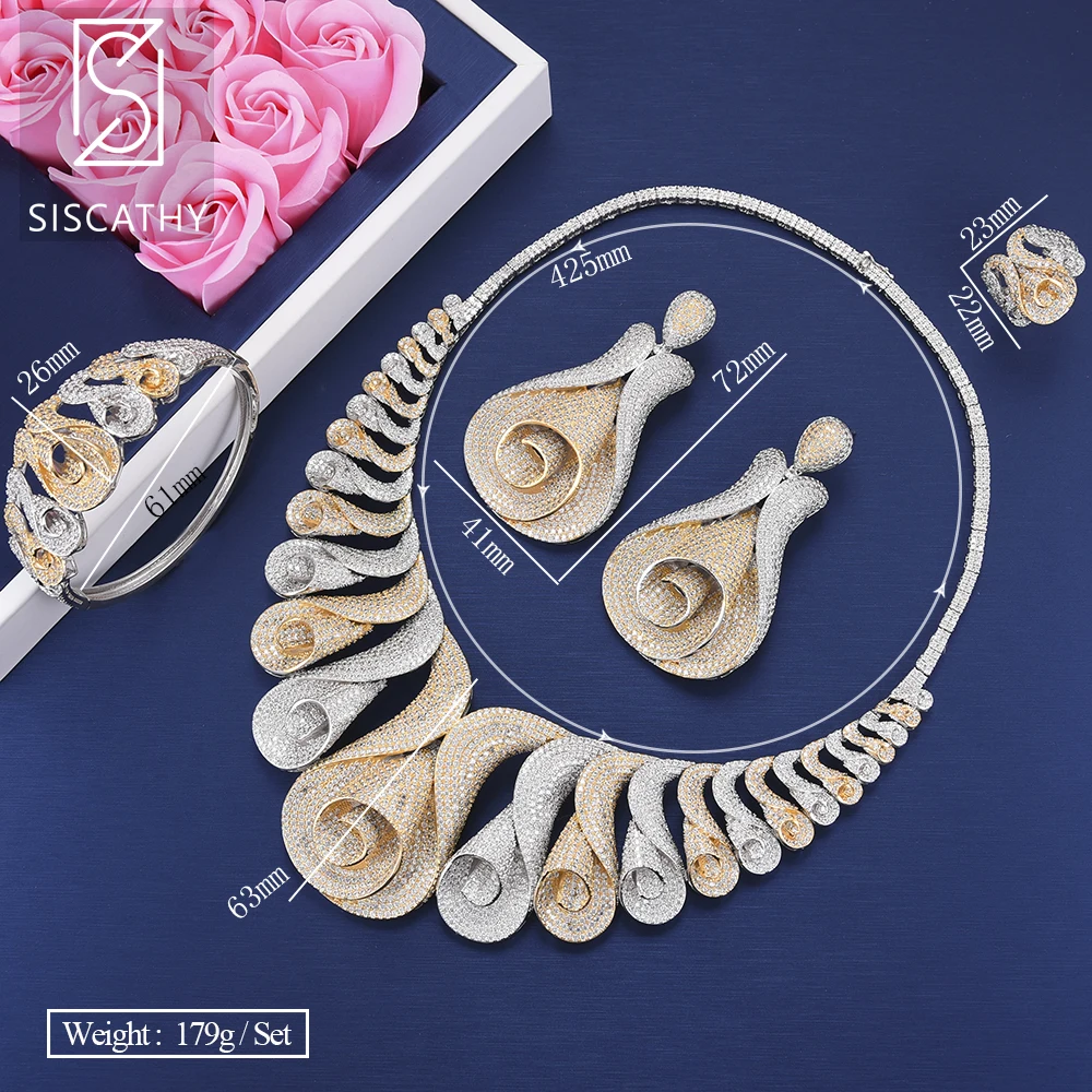 SISCATHY Fashion Tulip Shape Cubic Zirconia Big Collar Necklace Earrings Bangle Resizable Ring Jewelry Sets For Women Wedding | Украшения и