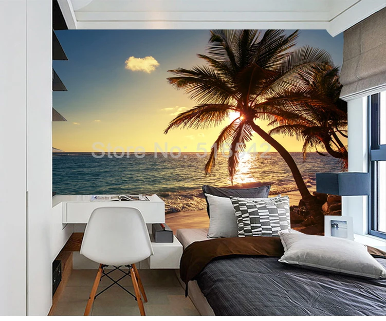 Пользовательские 3D фото стена Бумага Гостиная море Sunrise Sunset приморский пляж кокосовое Ёлки природа пейзаж росписи Бумага настенная живопись