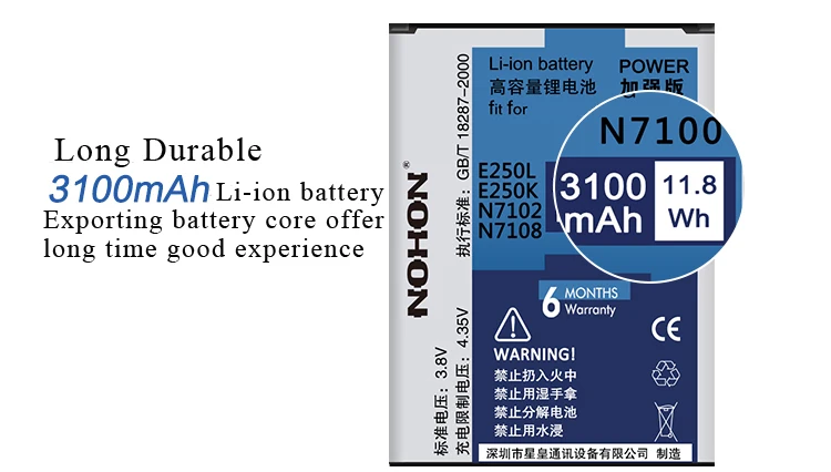 Оригинальная литиевая батарея NOHON для samsung Galaxy Note 2 Note2 N7100 N719 N7102 EB595675LU 3100 mAh Замена батареи