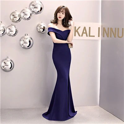 Халат femme vestidos женское платье Элегантное красное платье с открытыми плечами Сексуальные вечерние платья для ночного клуба длина до пола Elbise вечерние платья - Цвет: Dark Blue