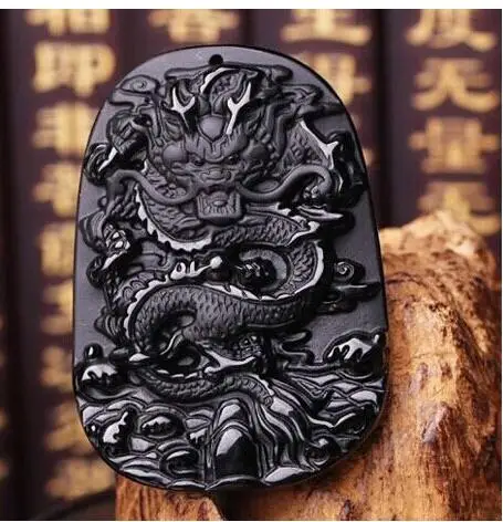 Прямая поставка натуральный черный обсидиан резной дракон счастливый амулет кулон ожерелье для женщин