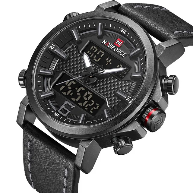 black gray Relogio Masculino NAVIFORCE для мужчин спортивные роскошные модные часы бренд Кварцевые Цифровой Кожа водостойкий Военная Униформа наручные часы - Цвет: black gray