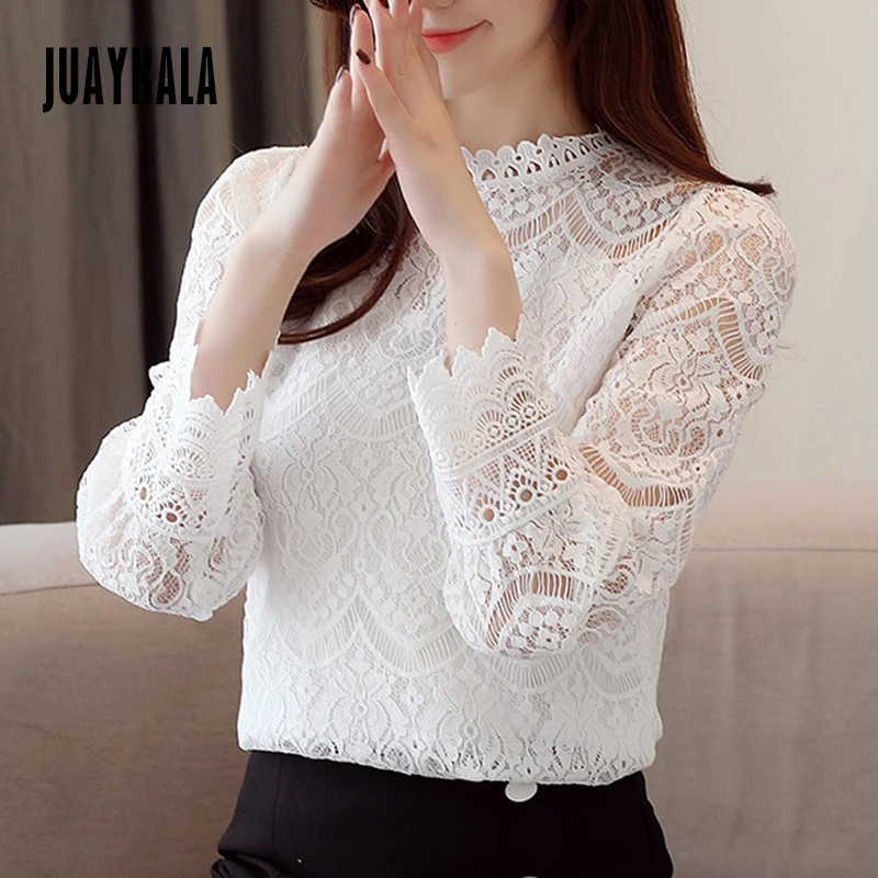 JUAYKALA White And Pink European goods lace shirt bottoming Women Casual Hollow O-Neck Tops Female Embroidery Blusas Harajuku |