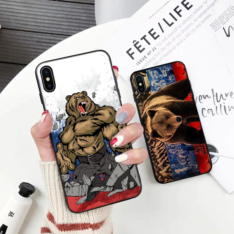 Силиконовый чехол с изображением российского чёрного медведя для iPhone 5 5S 6 6S Plus 7 8