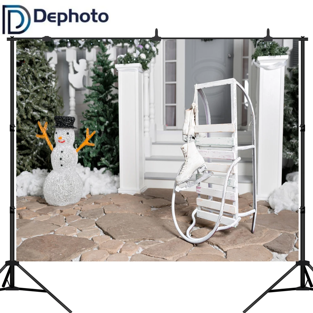Фон для фотосъемки Dephoto снеговик Рождество уличная сцена коньки обувь сани