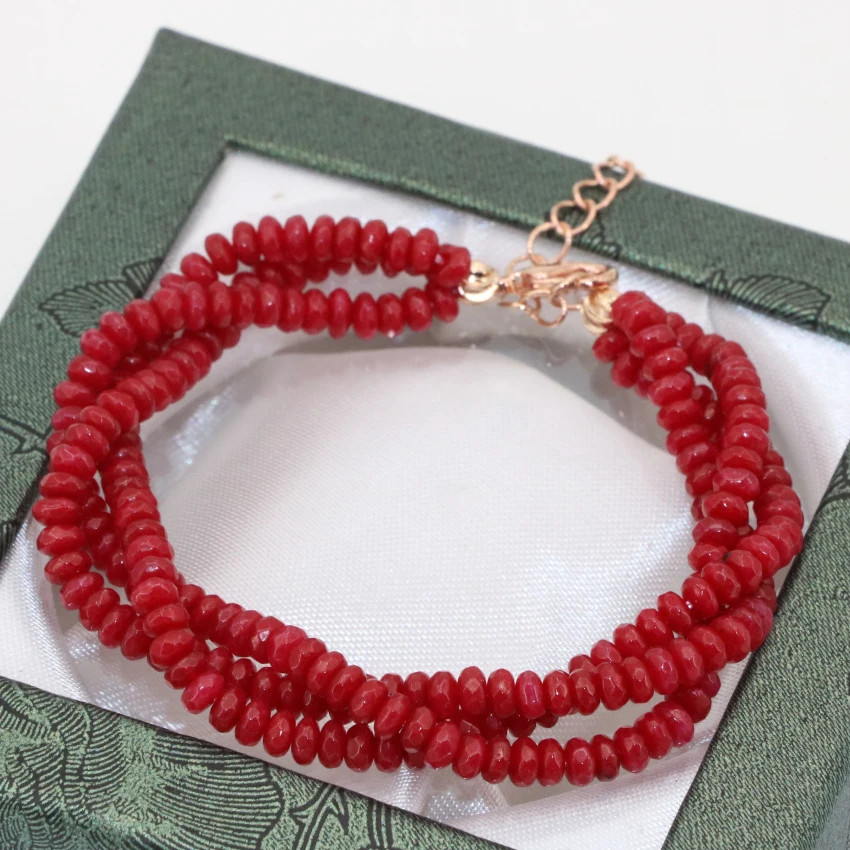 Wholesale price 3 rows rose gold-color clasp red jades chalcedony abacus faceted 2*4mm multilayer bracelet jewelry 7.5inch B2783 | Украшения