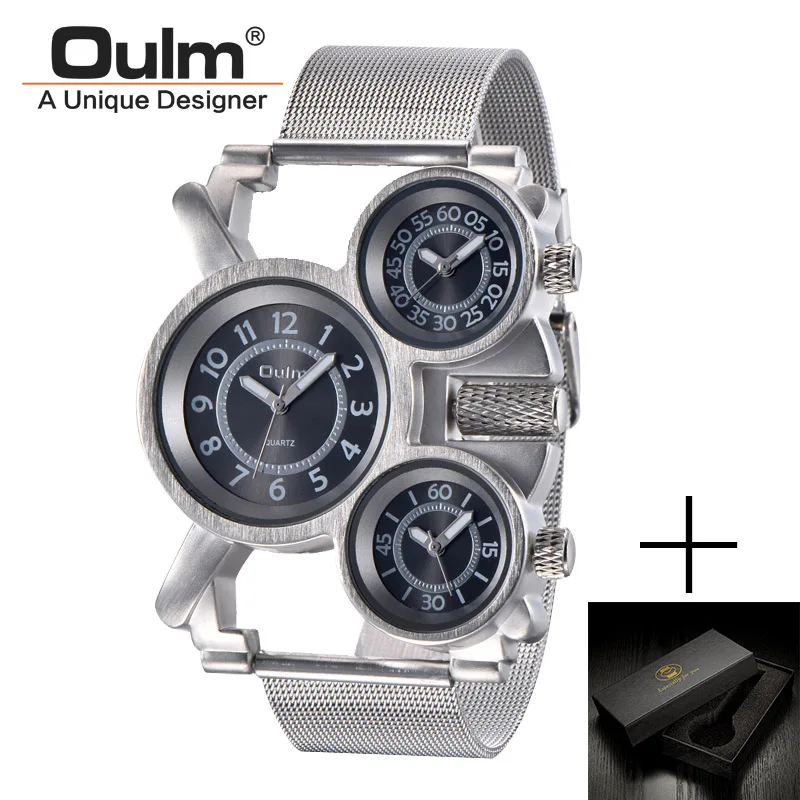 black(box) Oulm HT1167 мужские часы Топ бренд класса люкс мужские военные уличные наручные часы 3 часовых пояса спортивные коричневые мужские полностью стальные часы - Цвет: black(box)