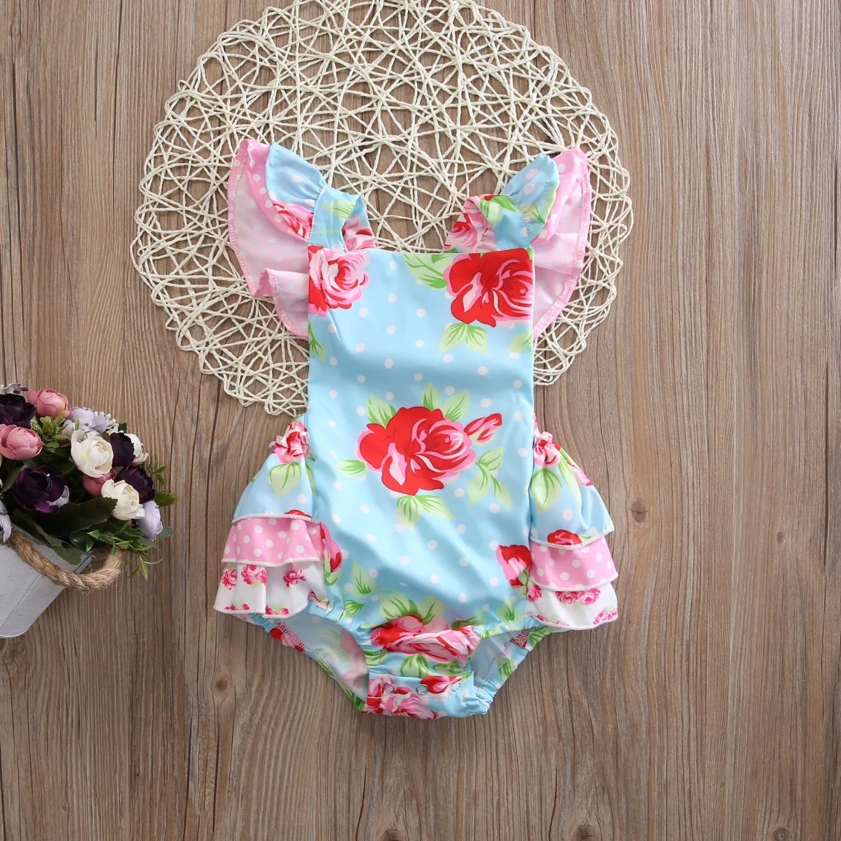 Лето 2017 комбинезон с цветочным принтом для новорожденных и маленьких девочек