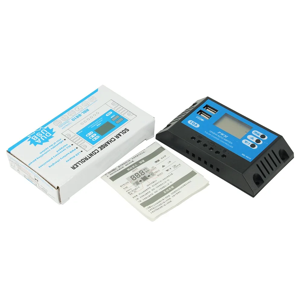 PowMr PWM 10A солнечная панель контроллер 12 В 24 в автоматический солнечный регулятор заряда ЖК для 240 Вт солнечная батарея с двойным USB выходным напряжением
