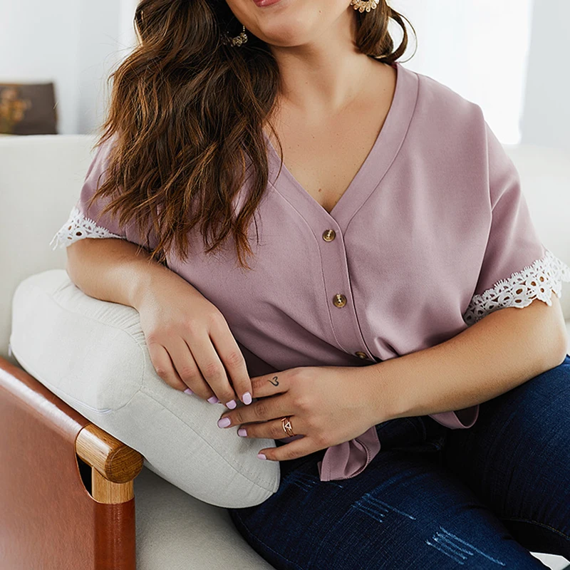 Blusas mujer de moda 2019 Summer Women Blouses Casual Short Sleeve Shirt Solid Elegant V Neck Patchwork Lace Blouse Tops XL-4XL |