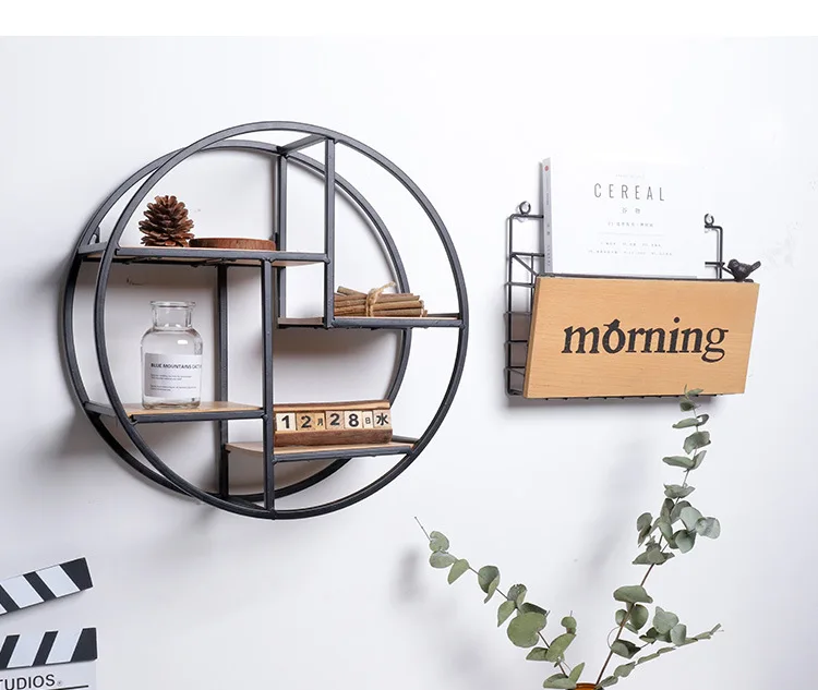 Ретро круглая деревянная полка металлическая настенная подвесная полка офисная разное искусство стеллаж для хранения Домашний Деревянный декоративный держатель для рукоделия стойки