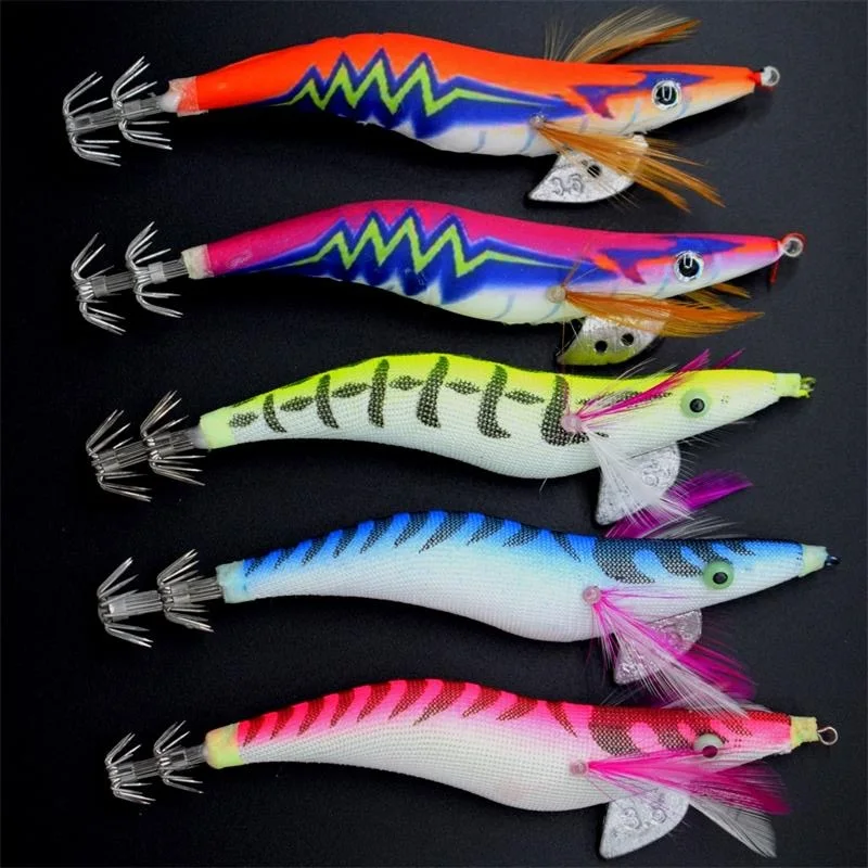 

5PCS Hard Octopus Squid Jigs Lures Wood Shrimp Fishing Lure Boxed Luminous Cuttlefish Artificial Bait 3.5# 13.5CM Random Color