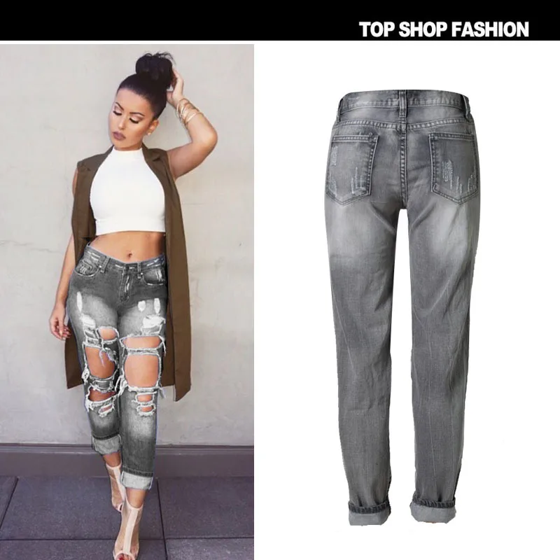 

Gray Ripped Jeans For Women Personalized Skinny Stretch Denim Calf-length Pants Ladies Fashion High Quality Straight Trousers