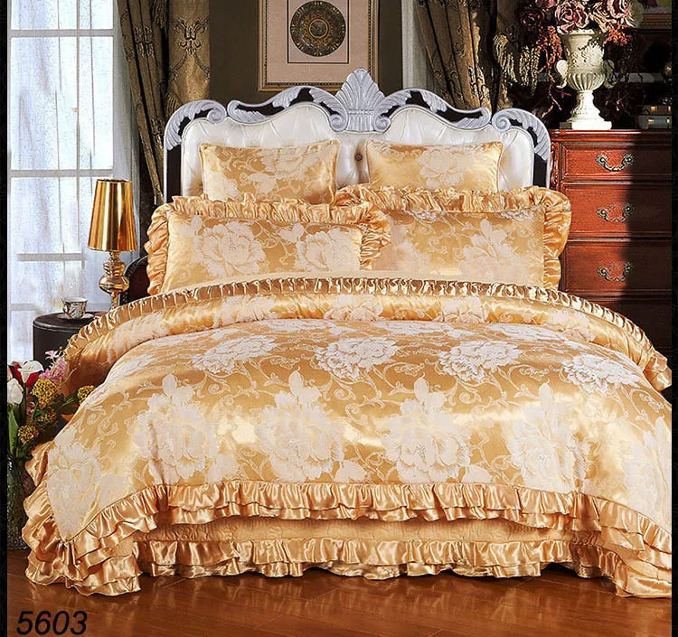 high quality golden 6pcs silk bedding sets satin comforter cover puffy bed sheet pillowcases shams tencel spread 5603 | Дом и сад