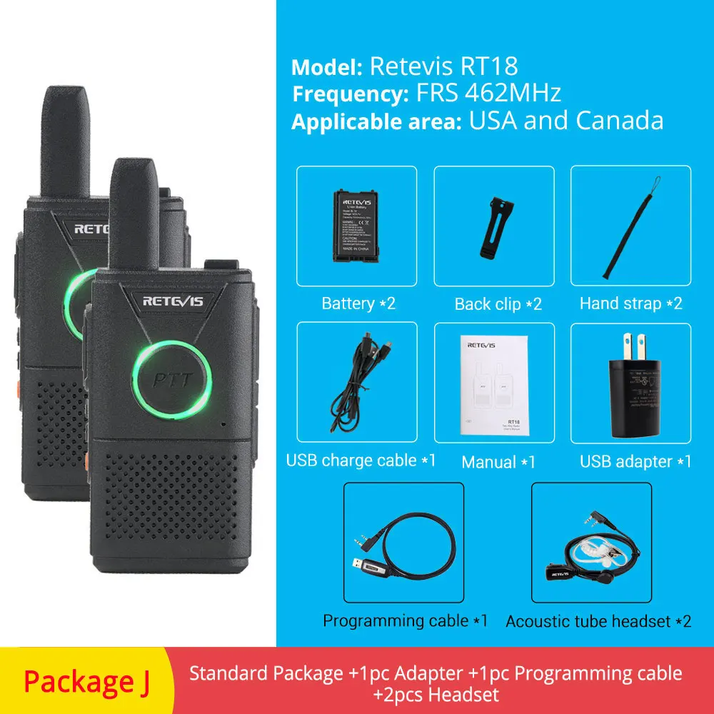 FRS RT18-Package J RETEVIS RT618/RT18 PMR радио перезаряжаемая мини рация 2 шт. PMR446 PMR 446 FRS Dual PTT VOX двухсторонняя рация - Цвет: FRS RT18-Package J
