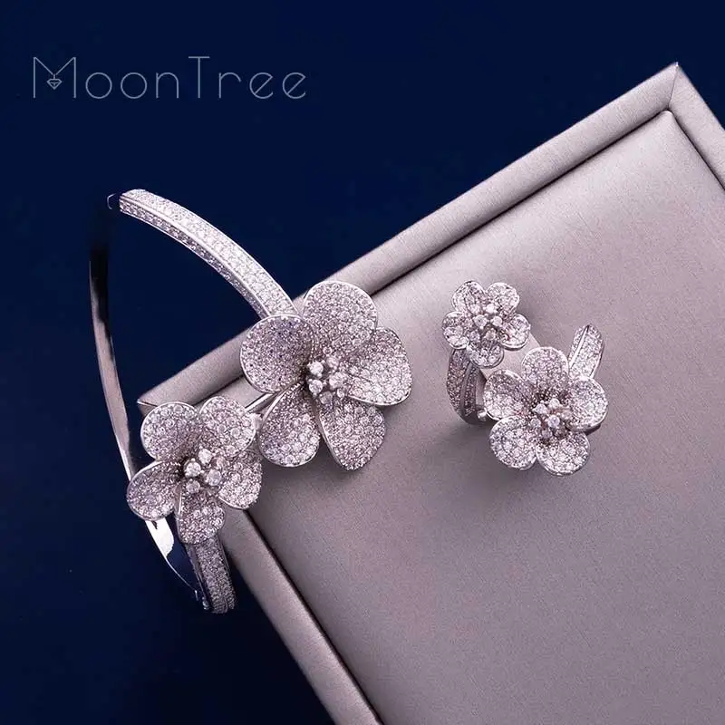 Женский браслет с цветком MoonTree модный роскошный комплект кольцом для помолвки и