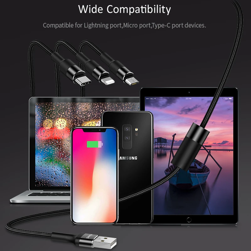 USAMS 3 в 1 USB кабель Тип C для Samsung s9 plus Micro зарядный iPhone X 8 7 6s Plus 5 5S SE 5c | Мобильные