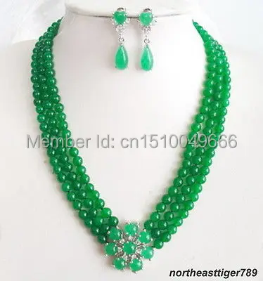 

Hot sale FREE SHIP 3 RowsSTONE Green jade Flower Pendant Necklace Earrings