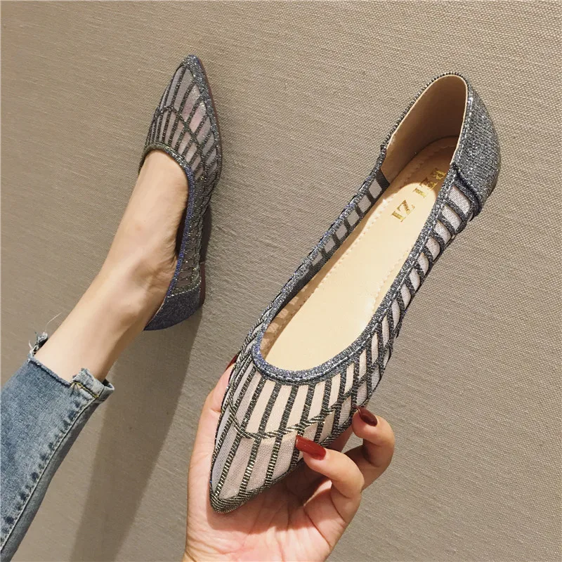 Блестящие дышащие сетчатые летние женские туфли с закрытым носком; Мокасины с блестками в ретро-стиле; мокасины на мягкой подошве; 41