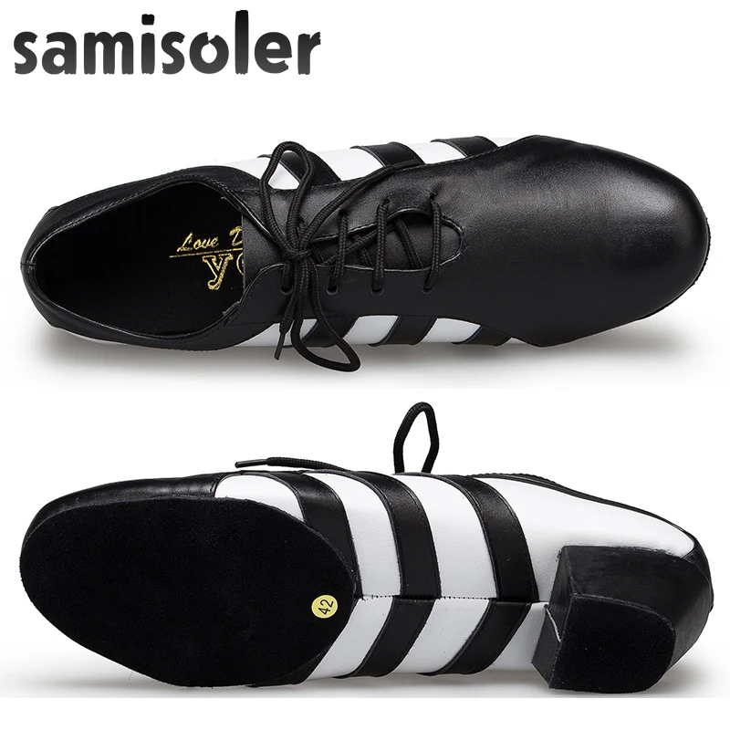Samisoler Black White Men's Black leather ballroom dance shoes Flats Modern dance shoes Tango Party Wedding Square dance shoes