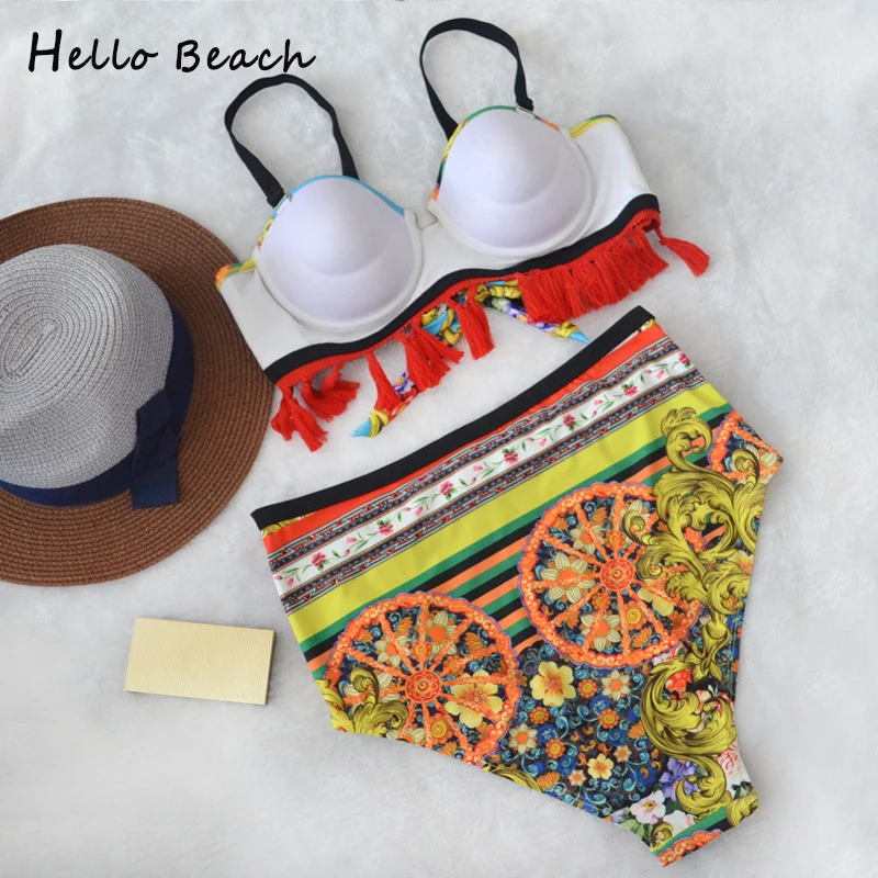 Hello Beach 2018 бикини пуш ап Национальный ветрозащитный купальный костюм с бахромой