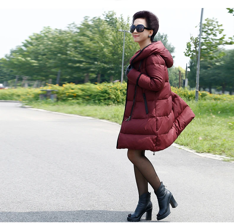 Женский длинный пуховик с капюшоном Свободный теплый на белом утином пуху