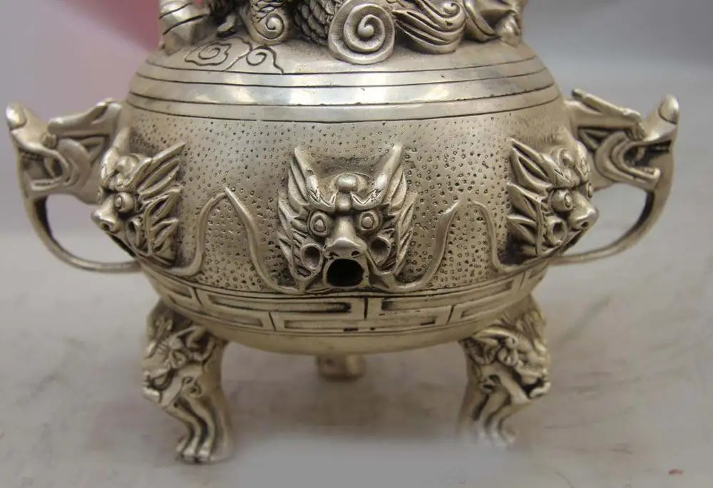 Китайский буддистский храм белая медь серебро девять голов дракона курильница