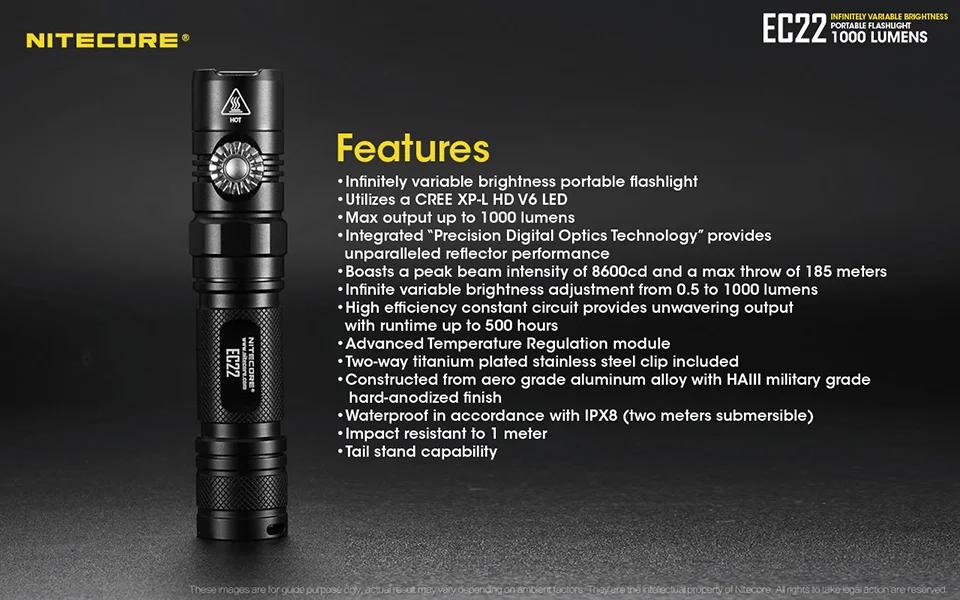 NITECORE EC22 бесступенчатая яркость фонарик CREE XP-L HD V6 светодиодный 1000 люмен поворотный переключатель с помощью