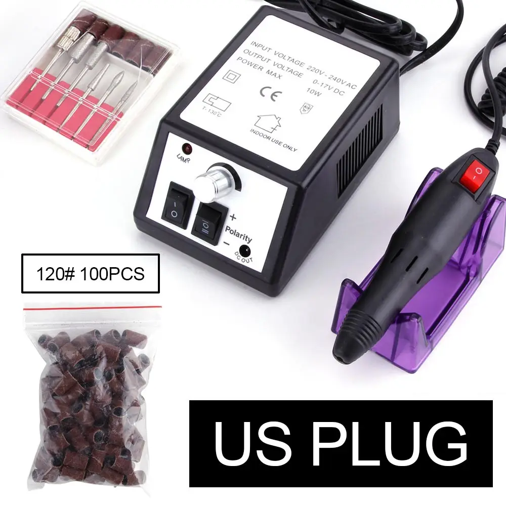 Black US Plug 120 Электрическая дрель для ногтей, машинка для маникюра, сверла для ногтей, ручка для маникюра, педикюра, инструменты для ногтей, 100 шт., шлифовальные ленты для ногтей, сверла, сверла для ЕС/США - Цвет: Black US Plug 120