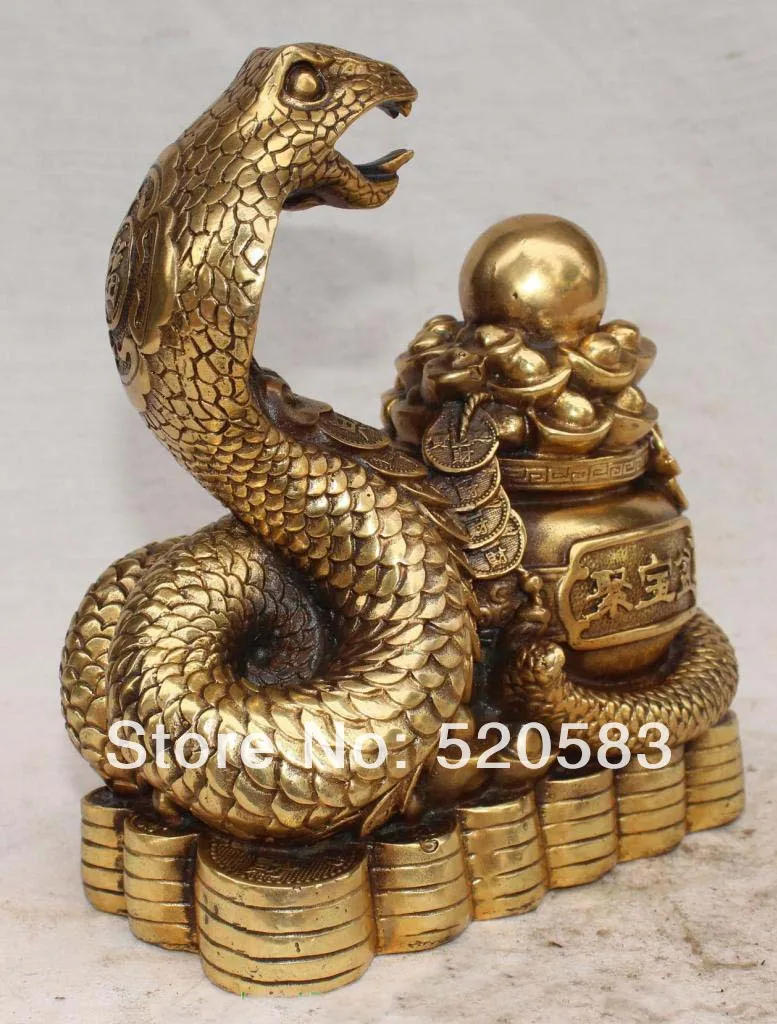 8"Marked Chinese Bronze Wealth YuanBao Money Snake Animal Ju bao Pen Ball Statue | Дом и сад