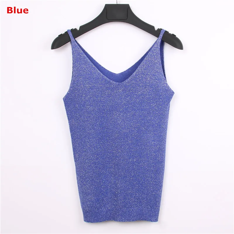 Blue Женская майка с люрексом, Вязанная, элегантная, облегающая, сексуальная, с открытыми плечами, безрукавка, без спинки, топ, жилет, v-образный вырез, одноцветная майка, свитер - Цвет: Blue