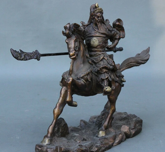 bir 006992 10&quot Chinese Pure Copper Bronze Guan Gong Yu Dragon Warrior Sword On Horse Statue | Дом и сад