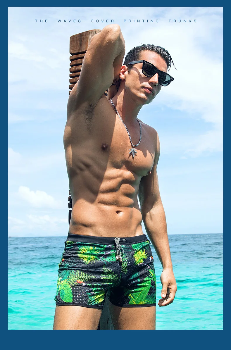 Летний Мужской купальный костюм maillot de bain, купальный костюм, камуфляжная Гавайская одежда, шорты для бассейна, с принтом, низкая талия, купальник, сетка