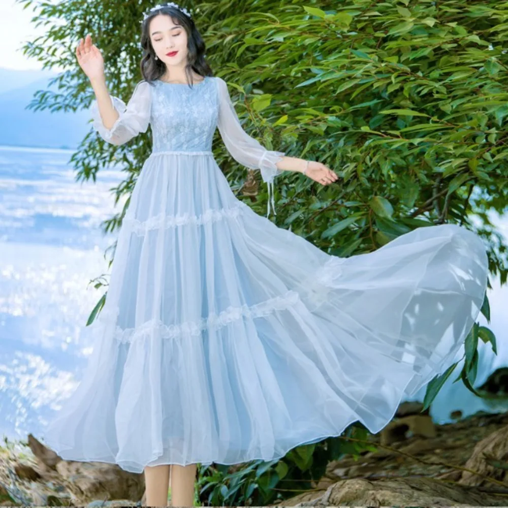 Vestido женское платье для лета и осени Цветочная вышивка Kleding Vrouwen кружевные
